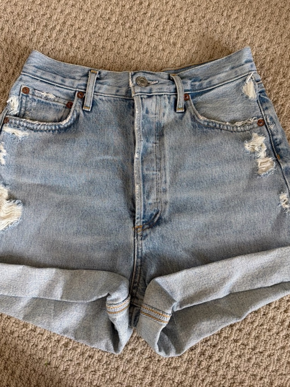 Agolde Light Blue Distressed Rolled-Hem Denim Shorts
